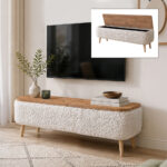 Έπιπλο τηλεόρασης Luno Megapap ύφασμα teddy χρώμα λευκό - pine oak 120x30x45εκ.